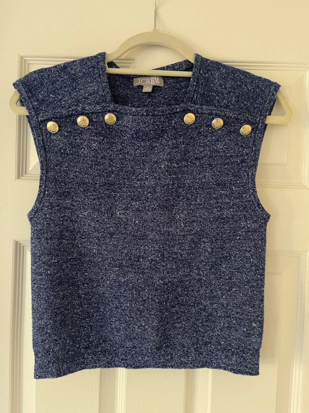 J. Crew Merino Wool Linen Sweater Shell with Buttons, Blue Purple, Medium Preppy